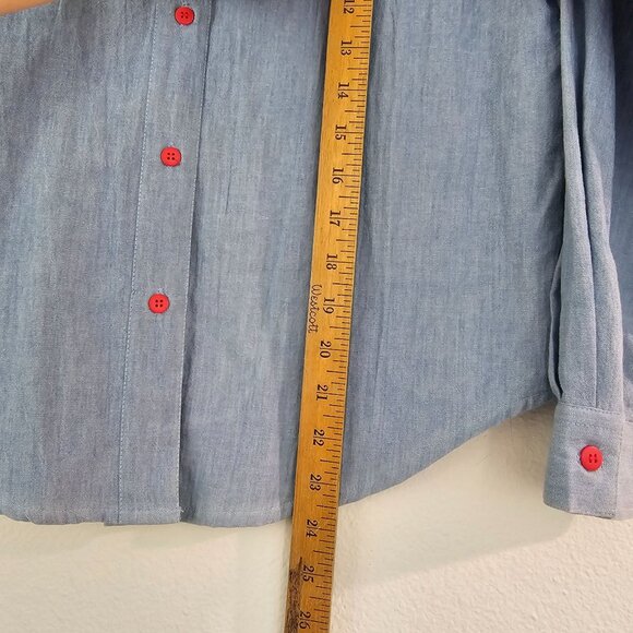 Womens Sz M/L P Blue Cotton Christmas Button Up Shirt Holidays Bells Festive - Picture 7 of 12
